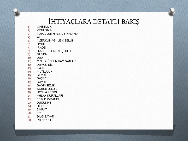 İHTİYAÇLARA DETAYLI BAKIŞ 1) 2) 3) 4) 5) 6) 7) 8) 9) 10) 11)