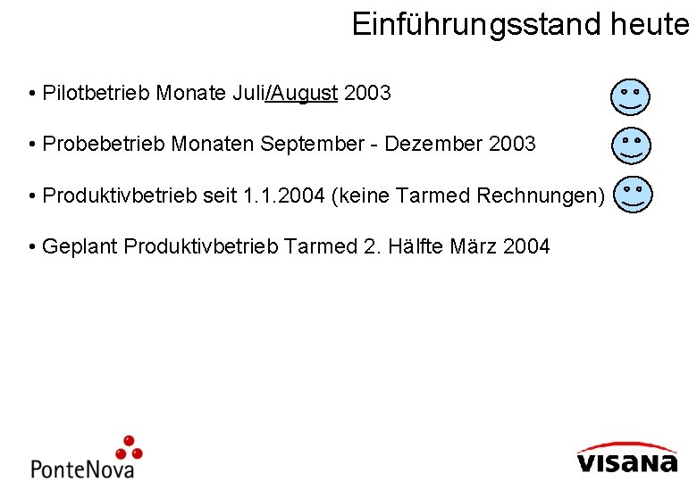 Einführungsstand heute • Pilotbetrieb Monate Juli/August 2003 • Probebetrieb Monaten September - Dezember 2003