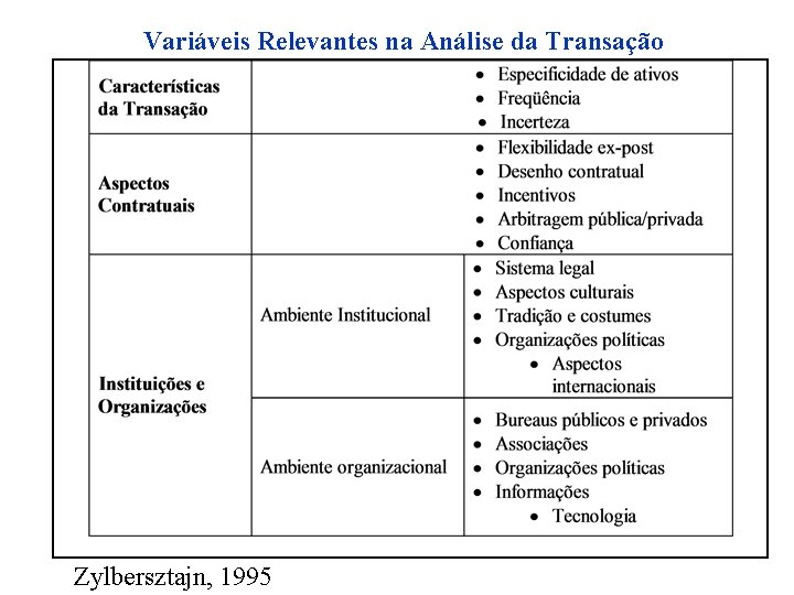 Variáveis Relevantes na Análise da Transação Zylbersztajn, 1995 