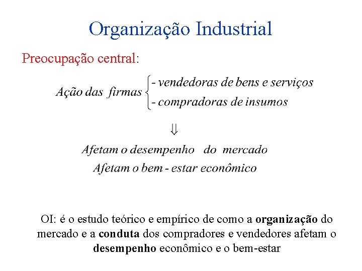 Organização Industrial Preocupação central: OI: é o estudo teórico e empírico de como a