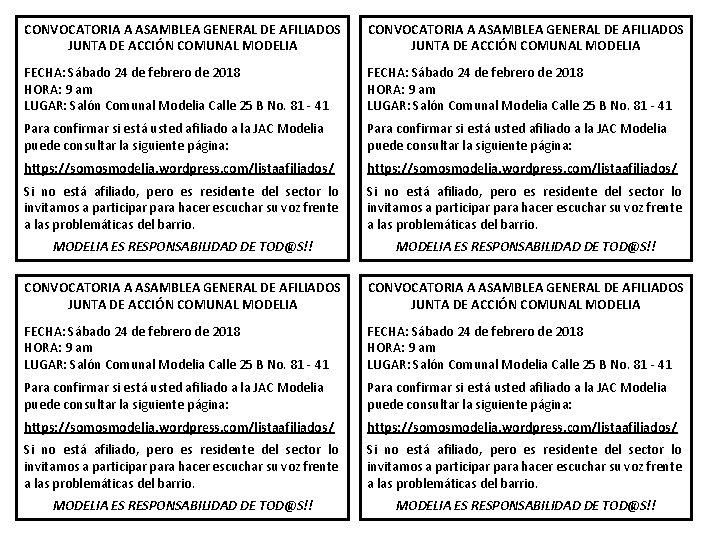 CONVOCATORIA A ASAMBLEA GENERAL DE AFILIADOS JUNTA DE ACCIÓN COMUNAL MODELIA FECHA: Sábado 24