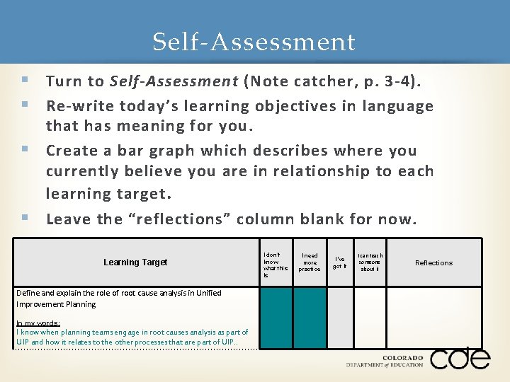 Self-Assessment § Turn to Self-Assessment (Note catcher, p. 3 -4). § Re-write today’s learning