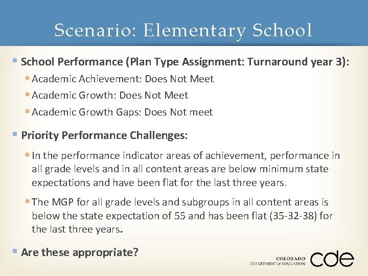 Scenario: Elementary School § School Performance (Plan Type Assignment: Turnaround year 3): § Academic