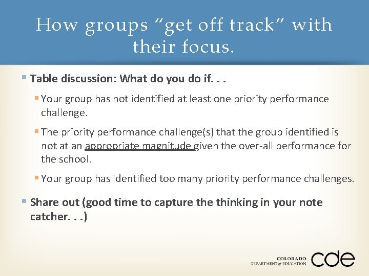 How groups “get off track” with their focus. § Table discussion: What do you