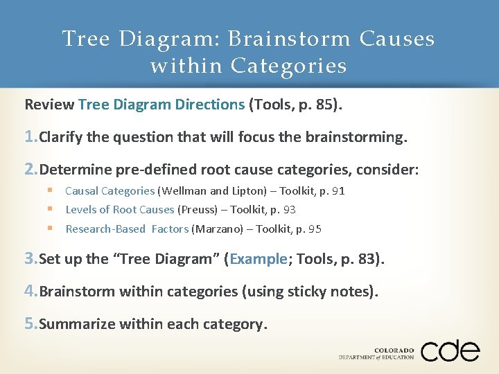 Tree Diagram: Brainstorm Causes within Categories Review Tree Diagram Directions (Tools, p. 85). 1.