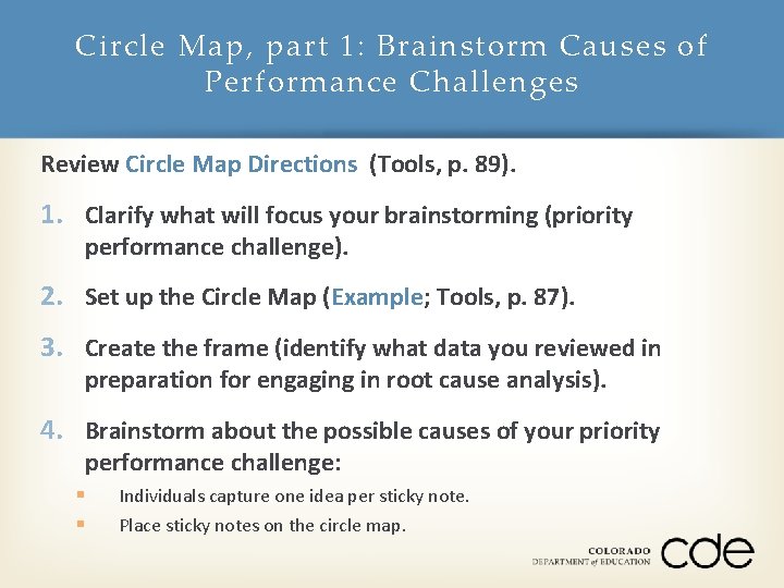 Circle Map, part 1: Brainstorm Causes of Performance Challenges Review Circle Map Directions (Tools,