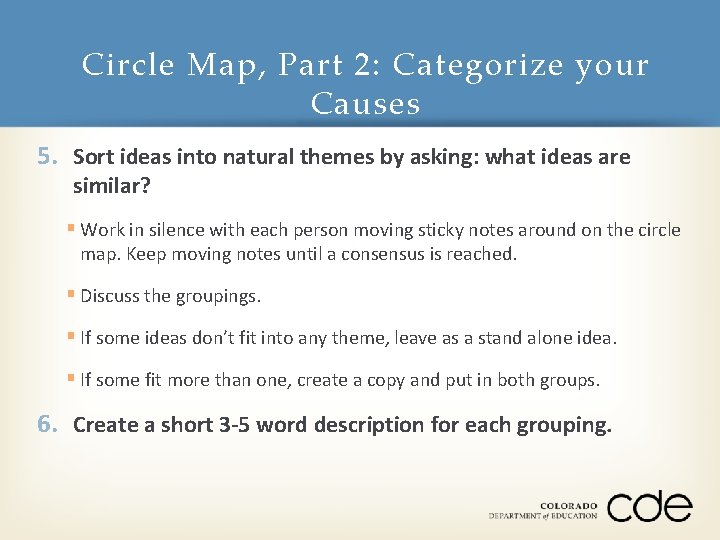 Circle Map, Part 2: Categorize your Causes 5. Sort ideas into natural themes by