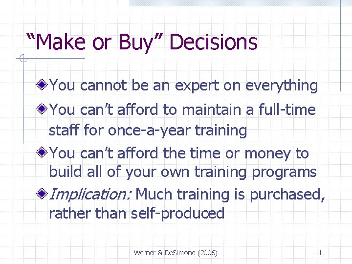 “Make or Buy” Decisions You cannot be an expert on everything You can’t afford