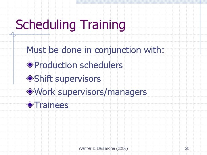 Scheduling Training Must be done in conjunction with: Production schedulers Shift supervisors Work supervisors/managers