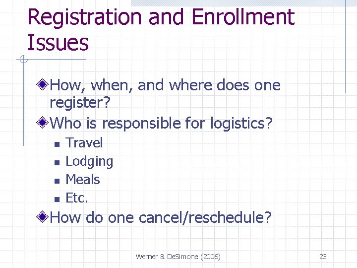 Registration and Enrollment Issues How, when, and where does one register? Who is responsible