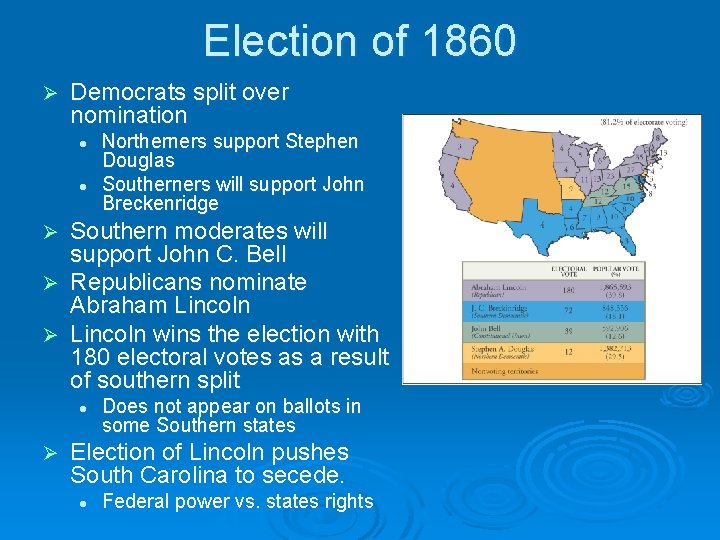 Election of 1860 Ø Democrats split over nomination l l Northerners support Stephen Douglas Election of 1860 Ø Democrats split over nomination l l Northerners support Stephen Douglas