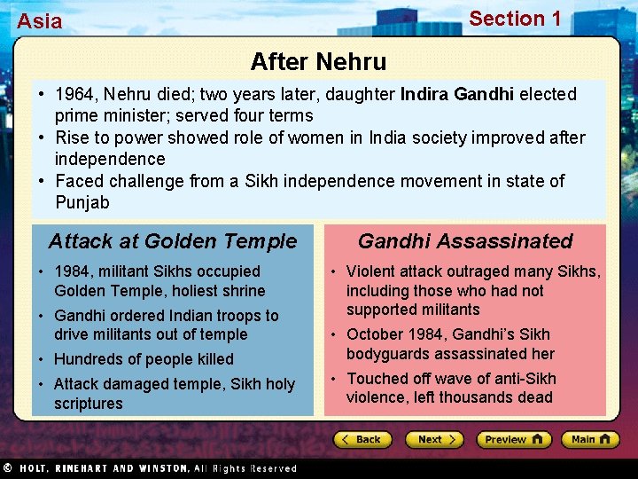 Section 1 Asia After Nehru • 1964, Nehru died; two years later, daughter Indira