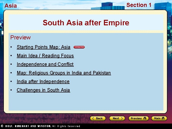 Section 1 Asia South Asia after Empire Preview • Starting Points Map: Asia •