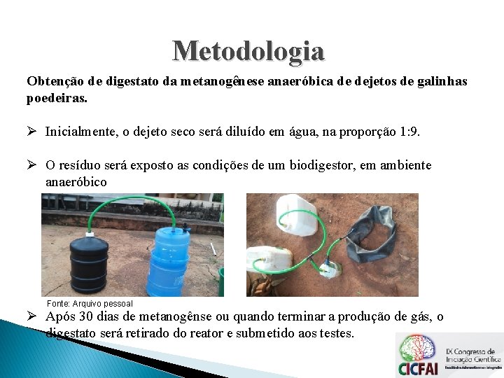 Metodologia Obtenção de digestato da metanogênese anaeróbica de dejetos de galinhas poedeiras. Ø Inicialmente, Metodologia Obtenção de digestato da metanogênese anaeróbica de dejetos de galinhas poedeiras. Ø Inicialmente,