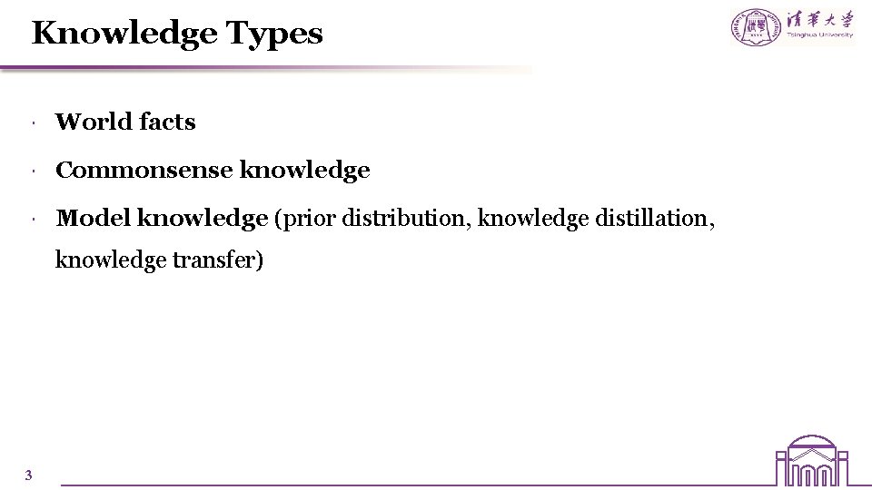 Knowledge Types World facts Commonsense knowledge Model knowledge (prior distribution, knowledge distillation, knowledge transfer) Knowledge Types World facts Commonsense knowledge Model knowledge (prior distribution, knowledge distillation, knowledge transfer)