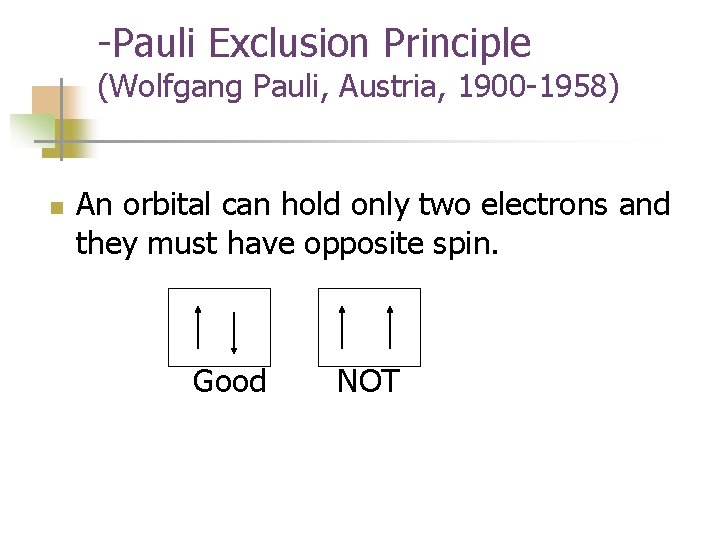 -Pauli Exclusion Principle (Wolfgang Pauli, Austria, 1900 -1958) n An orbital can hold only
