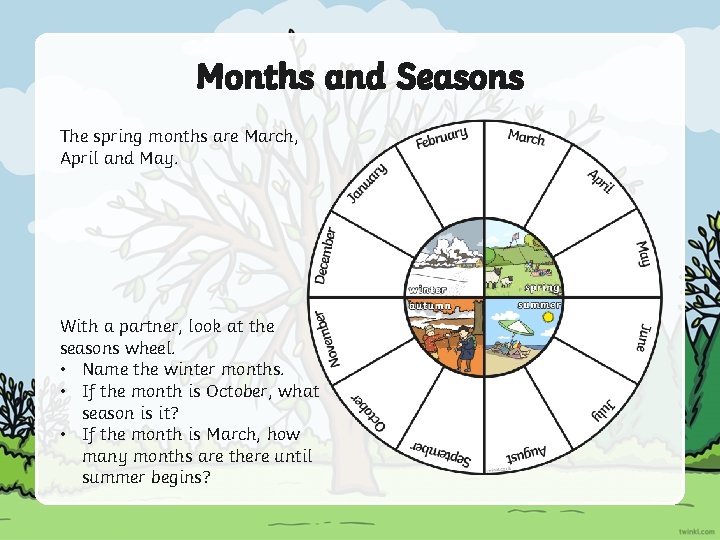 Months and Seasons The spring months are March, April and May. With a partner,