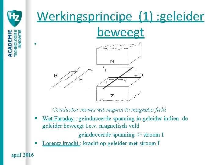 Werkingsprincipe (1) : geleider beweegt • Faraday law of induced voltage in Conductor moves