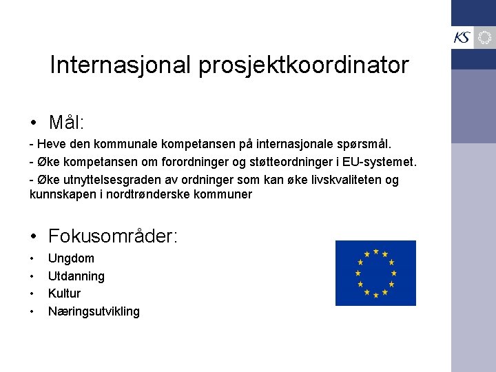 Internasjonal prosjektkoordinator • Mål: - Heve den kommunale kompetansen på internasjonale spørsmål. - Øke