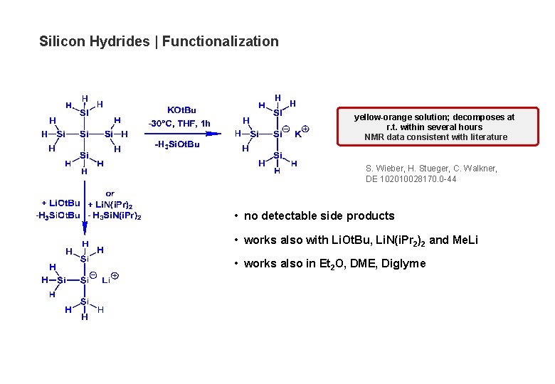 Silicon Hydrides | Functionalization yellow-orange solution; decomposes at r. t. within several hours NMR