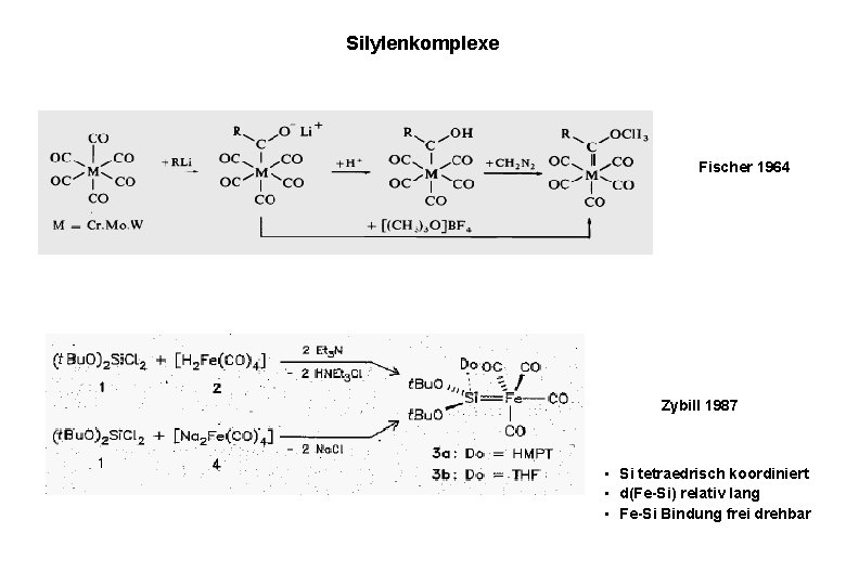 Silylenkomplexe Fischer 1964 Zybill 1987 • Si tetraedrisch koordiniert • d(Fe-Si) relativ lang •