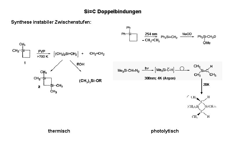 Si=C Doppelbindungen Synthese instabiler Zwischenstufen: 254 nm CH 2=CH 2 (CH 3)3 Si-OR thermisch