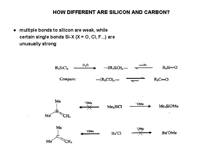 HOW DIFFERENT ARE SILICON AND CARBON? multiple bonds to silicon are weak, while certain