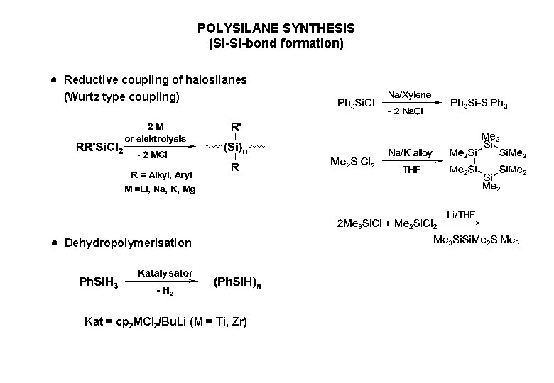 POLYSILANE SYNTHESIS (Si-Si-bond formation) Reductive coupling of halosilanes (Wurtz type coupling) Dehydropolymerisation Kat =