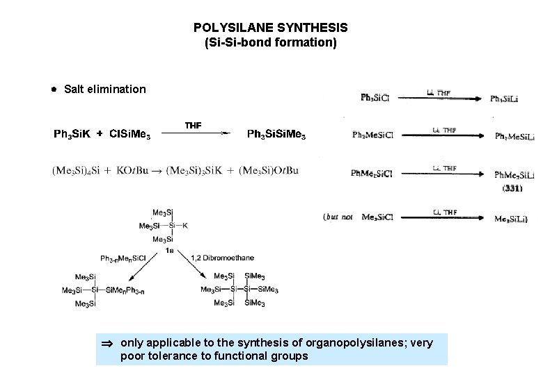 POLYSILANE SYNTHESIS (Si-Si-bond formation) Salt elimination only applicable to the synthesis of organopolysilanes; very