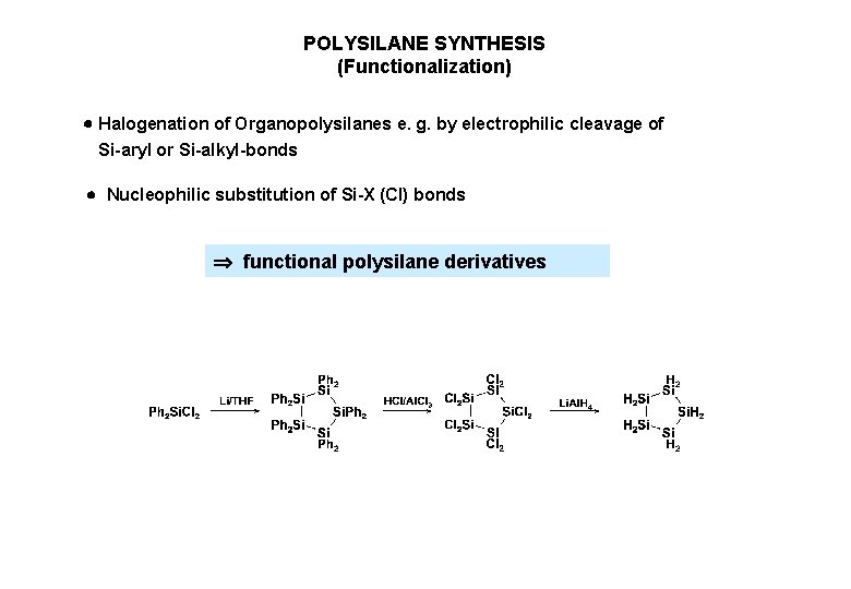 POLYSILANE SYNTHESIS (Functionalization) Halogenation of Organopolysilanes e. g. by electrophilic cleavage of Si-aryl or