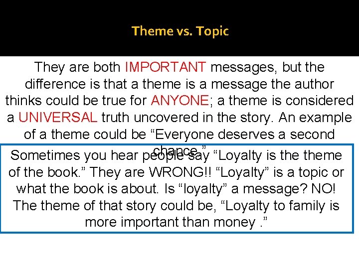 Theme vs. Topic They are both IMPORTANT messages, but the difference is that a