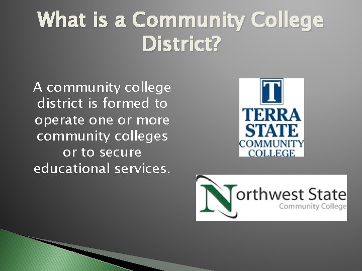 What is a Community College District? A community college district is formed to operate