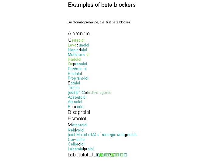 Examples of beta blockers Dichloroisoprenaline, the first beta blocker. Alprenolol Carteolol Levobunolol Mepindolol Metipranolol