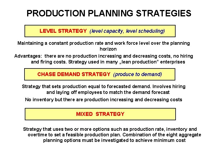 PRODUCTION PLANNING STRATEGIES LEVEL STRATEGY (level capacity, level scheduling) Maintaining a constant production rate