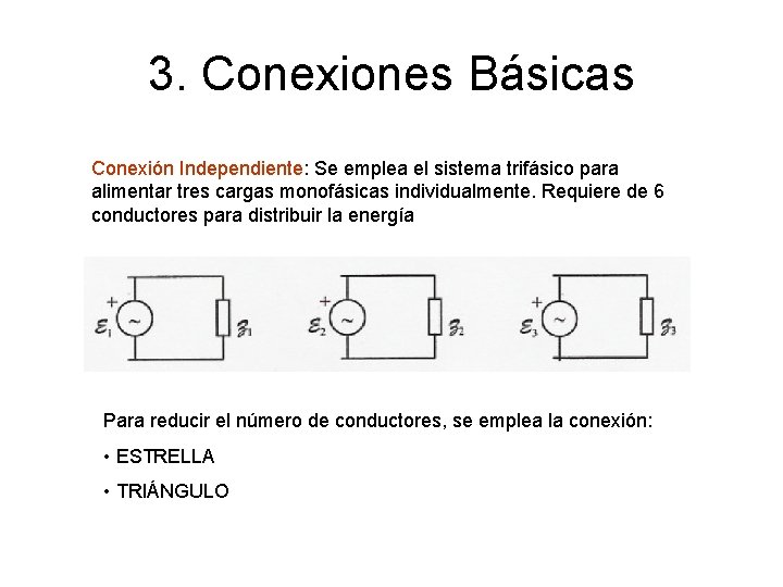 3. Conexiones Básicas Conexión Independiente: Se emplea el sistema trifásico para alimentar tres cargas