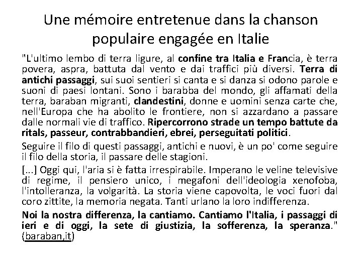Une mémoire entretenue dans la chanson populaire engagée en Italie "L'ultimo lembo di terra