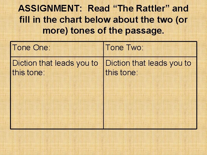 ASSIGNMENT: Read “The Rattler” and fill in the chart below about the two (or ASSIGNMENT: Read “The Rattler” and fill in the chart below about the two (or
