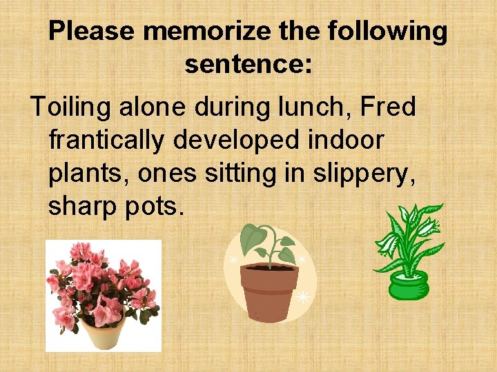Please memorize the following sentence: Toiling alone during lunch, Fred frantically developed indoor plants, Please memorize the following sentence: Toiling alone during lunch, Fred frantically developed indoor plants,