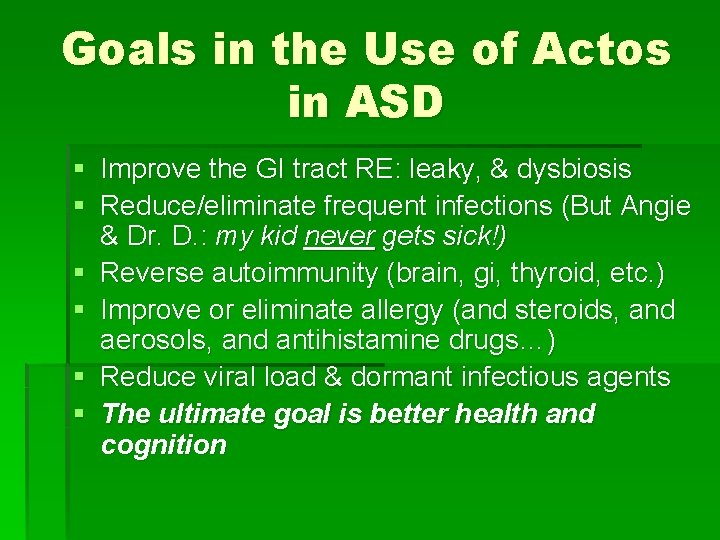 Goals in the Use of Actos in ASD § Improve the GI tract RE: