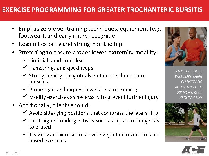 EXERCISE PROGRAMMING FOR GREATER TROCHANTERIC BURSITIS • Emphasize proper training techniques, equipment (e. g.