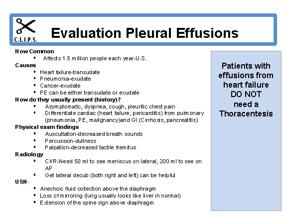 C. L. I. P. S. Evaluation Pleural Effusions How Common § Affects 1. 5