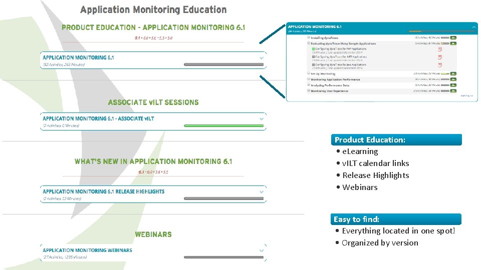 Product Education: • e. Learning • v. ILT calendar links • Release Highlights •