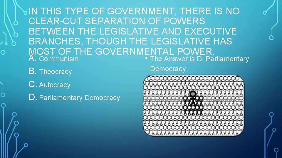 IN THIS TYPE OF GOVERNMENT, THERE IS NO CLEAR-CUT SEPARATION OF POWERS BETWEEN THE IN THIS TYPE OF GOVERNMENT, THERE IS NO CLEAR-CUT SEPARATION OF POWERS BETWEEN THE