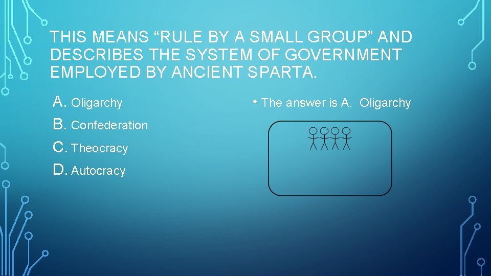 THIS MEANS “RULE BY A SMALL GROUP” AND DESCRIBES THE SYSTEM OF GOVERNMENT EMPLOYED THIS MEANS “RULE BY A SMALL GROUP” AND DESCRIBES THE SYSTEM OF GOVERNMENT EMPLOYED
