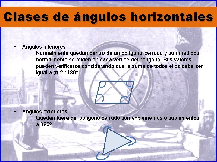 Clases de ángulos horizontales • Ángulos interiores Normalmente quedan dentro de un polígono cerrado