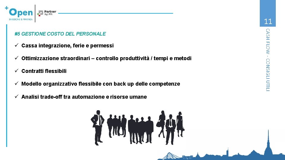 11 ü Cassa integrazione, ferie e permessi ü Ottimizzazione straordinari – controllo produttività /