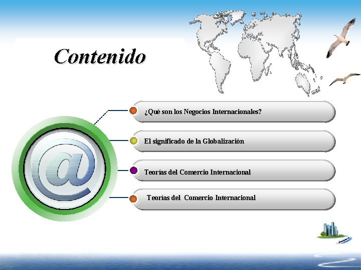 Contenido ¿Qué son los Negocios Internacionales? El significado de la Globalización Teorías del Comercio