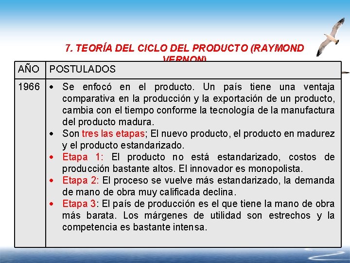 AÑO 7. TEORÍA DEL CICLO DEL PRODUCTO (RAYMOND VERNON) POSTULADOS 1966 Se enfocó en