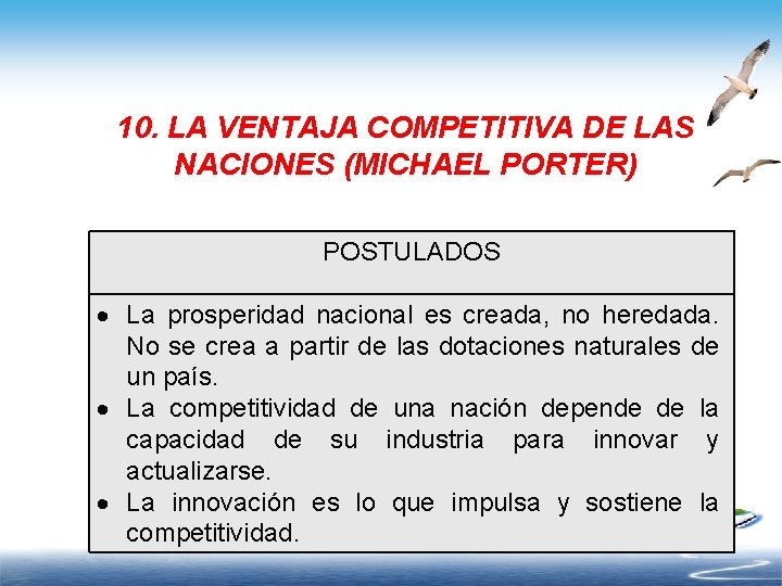 10. LA VENTAJA COMPETITIVA DE LAS NACIONES (MICHAEL PORTER) POSTULADOS La prosperidad nacional es