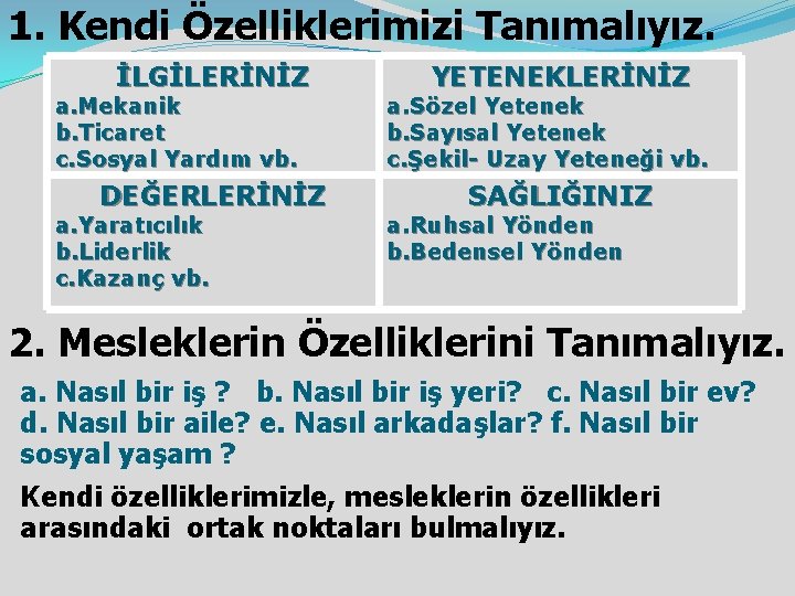 1. Kendi Özelliklerimizi Tanımalıyız. İLGİLERİNİZ YETENEKLERİNİZ a. Mekanik b. Ticaret c. Sosyal Yardım vb.